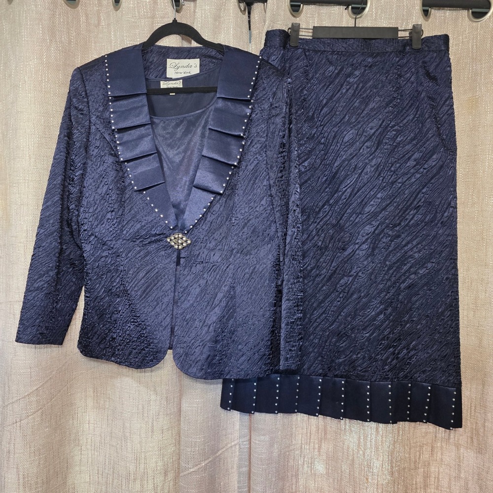 Lynda's New York Navy Blue 3-Pc Skirt Suit Rhinestone Pleated Trim Formal 16